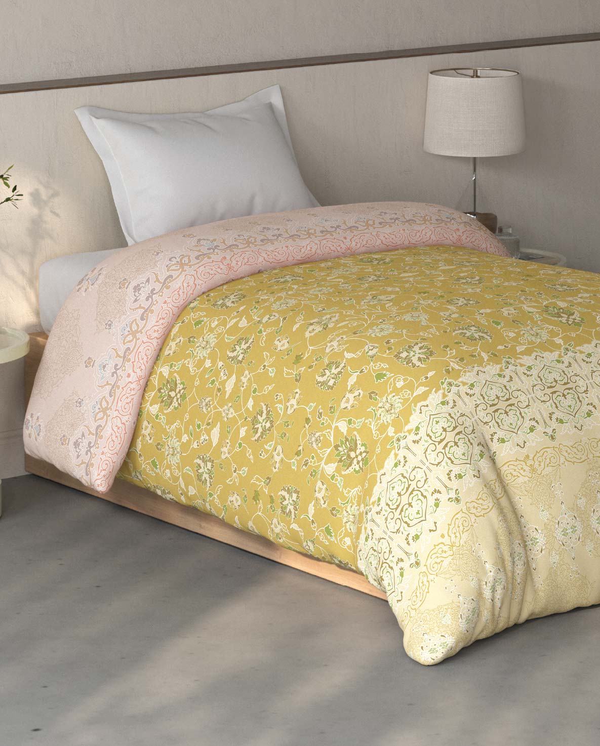 Spaces Fiora Light Yellow Ornate 100% Cotton Single Quilt - 59 x 86 Inches
