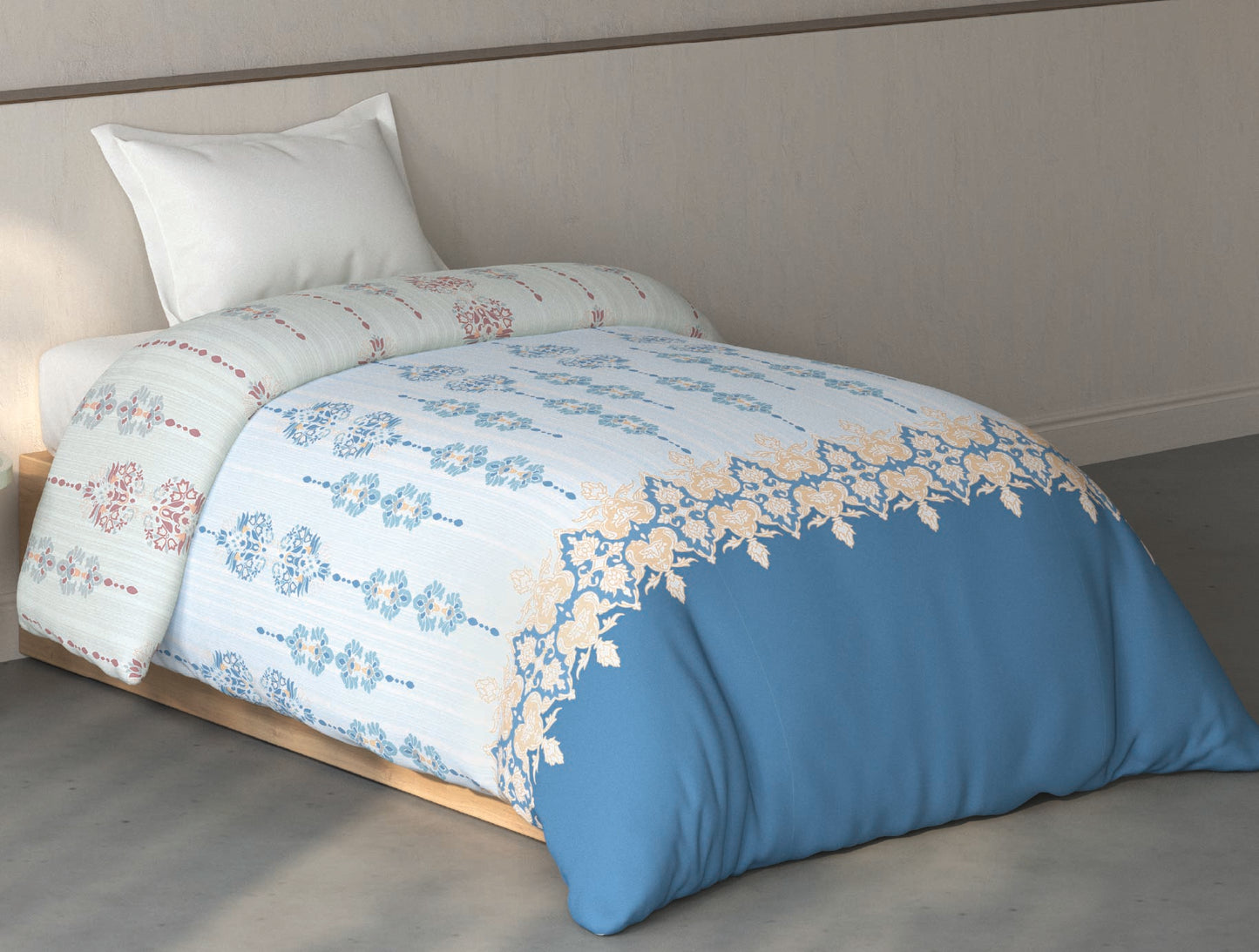 Spaces Fiora Light Blue Ornate 100% Cotton Single Quilt - 59 x 86 Inches