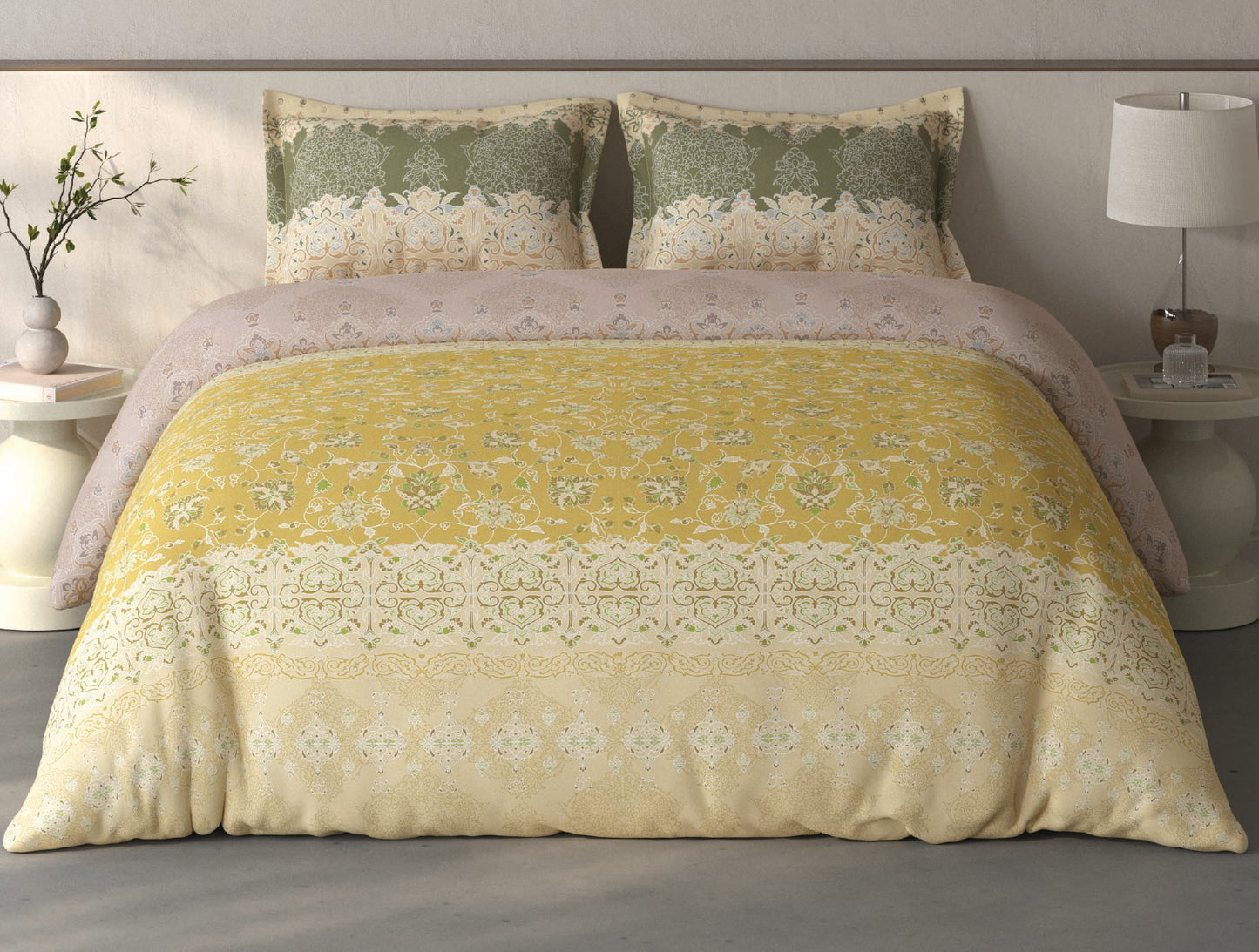 Spaces Fiora Light Yellow Ornate 100% Cotton Bedding Set - 108 x 108 Inches