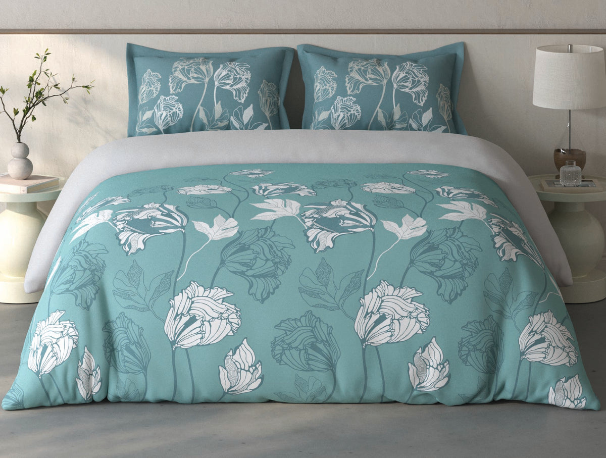 Spaces Fiora Light Teal Floral 100% Cotton Bedding Set - 108 x 108 Inches