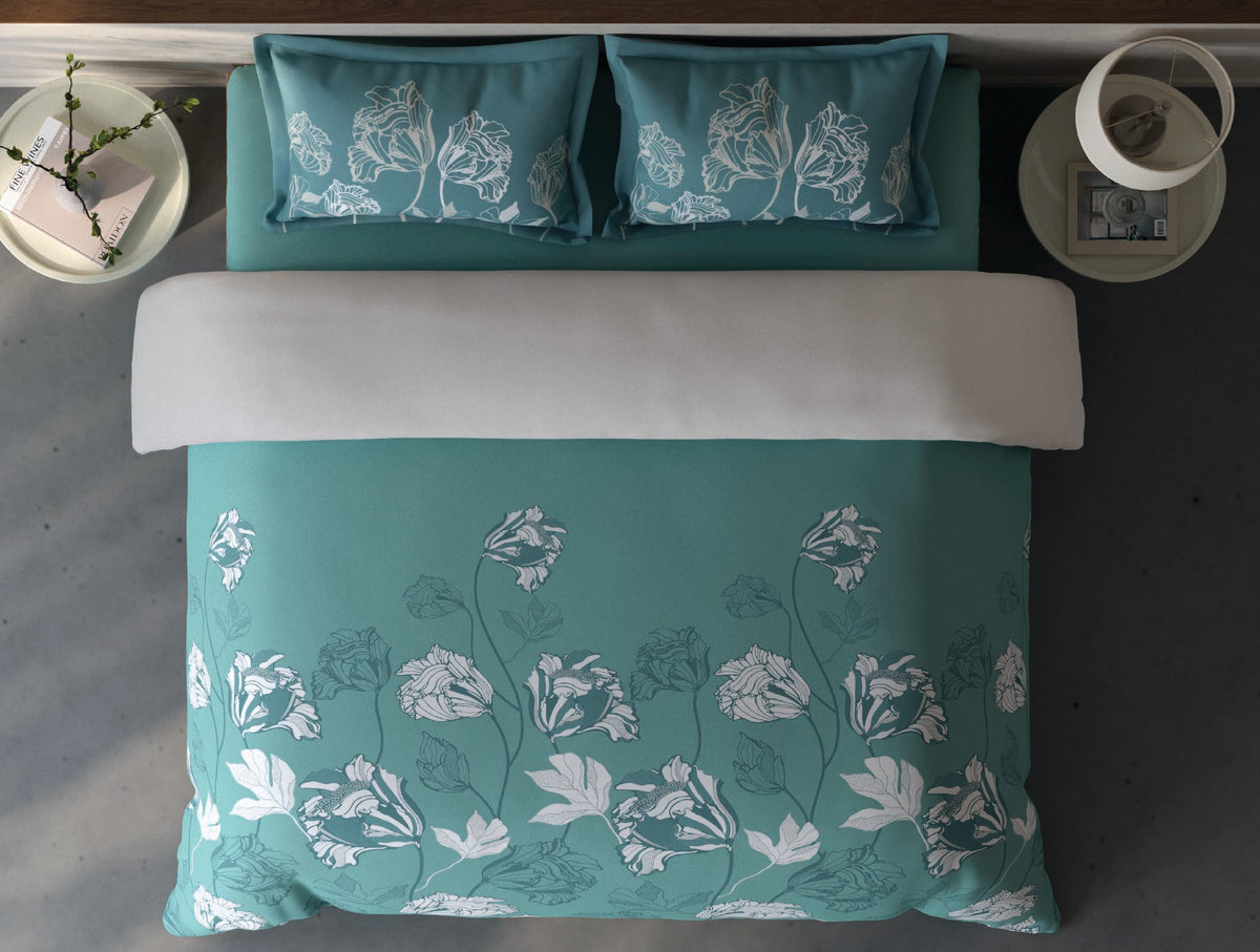 Spaces Fiora Light Teal Floral 100% Cotton Bedding Set - 108 x 108 Inches