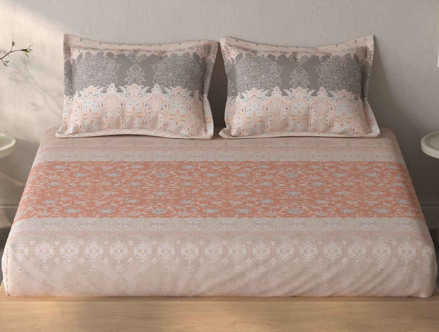 Spaces Fiora Light Blush Ornate 100% Cotton King Fitted Sheet with 2 Pillow Covers - 72 x 78 Inches