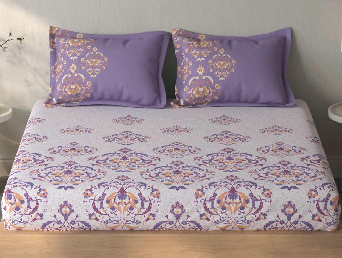 Spaces Fiora Light Violet Ornate 100% Cotton King Fitted Sheet with 2 Pillow Covers - 72 x 78 Inches