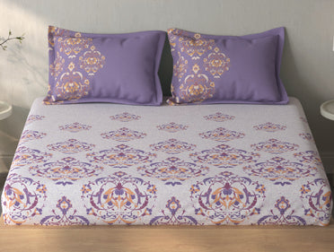 Spaces Fiora Light Violet Ornate 100% Cotton King Fitted Sheet with 2 Pillow Covers - 72 x 78 Inches