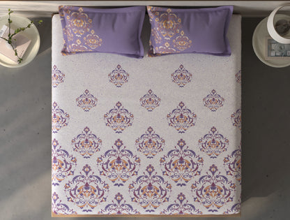 Spaces Fiora Light Violet Ornate 100% Cotton King Fitted Sheet with 2 Pillow Covers - 72 x 78 Inches