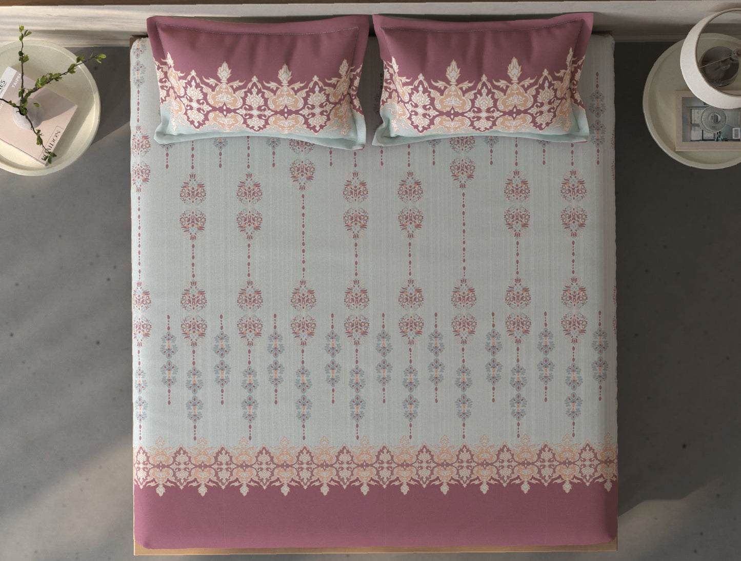 Spaces Fiora Light Grey Ornate 100% Cotton King Fitted Sheet with 2 Pillow Covers - 72 x 78 Inches