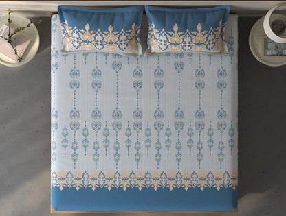 Spaces Fiora Light Blue Ornate 100% Cotton King Fitted Sheet with 2 Pillow Covers - 72 x 78 Inches