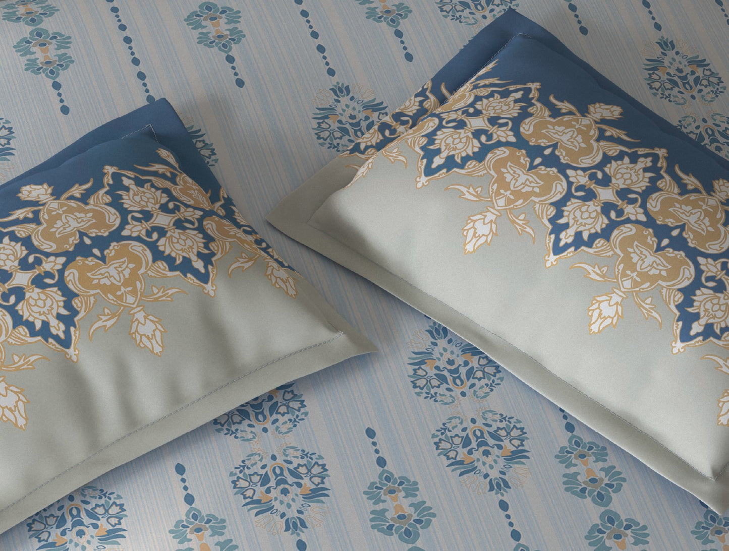 Spaces Fiora Light Blue Ornate 100% Cotton King Fitted Sheet with 2 Pillow Covers - 72 x 78 Inches