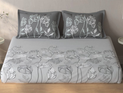 Spaces Fiora Light Grey Floral 100% Cotton King Fitted Sheet with 2 Pillow Covers - 72 x 78 Inches
