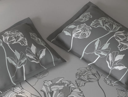 Spaces Fiora Light Grey Floral 100% Cotton King Fitted Sheet with 2 Pillow Covers - 72 x 78 Inches