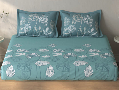 Spaces Fiora Light Teal Floral 100% Cotton King Fitted Sheet with 2 Pillow Covers - 72 x 78 Inches