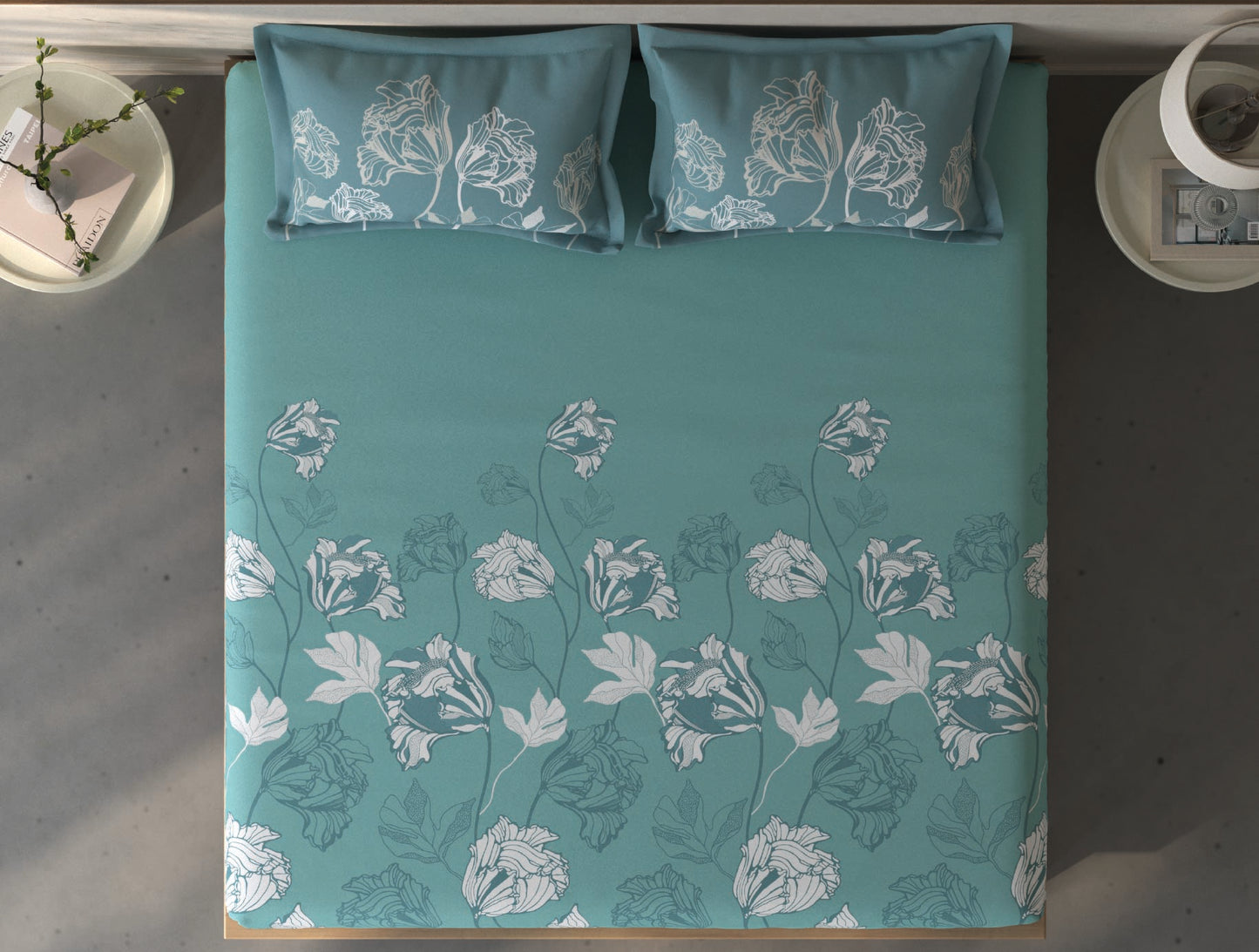 Spaces Fiora Light Teal Floral 100% Cotton King Fitted Sheet with 2 Pillow Covers - 72 x 78 Inches