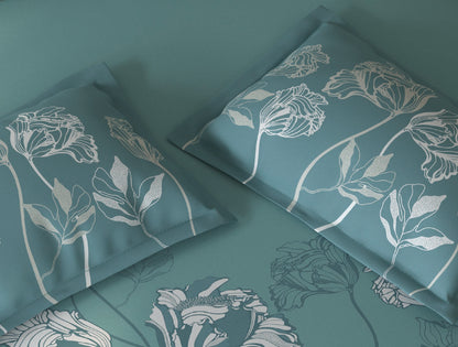 Spaces Fiora Light Teal Floral 100% Cotton King Fitted Sheet with 2 Pillow Covers - 72 x 78 Inches