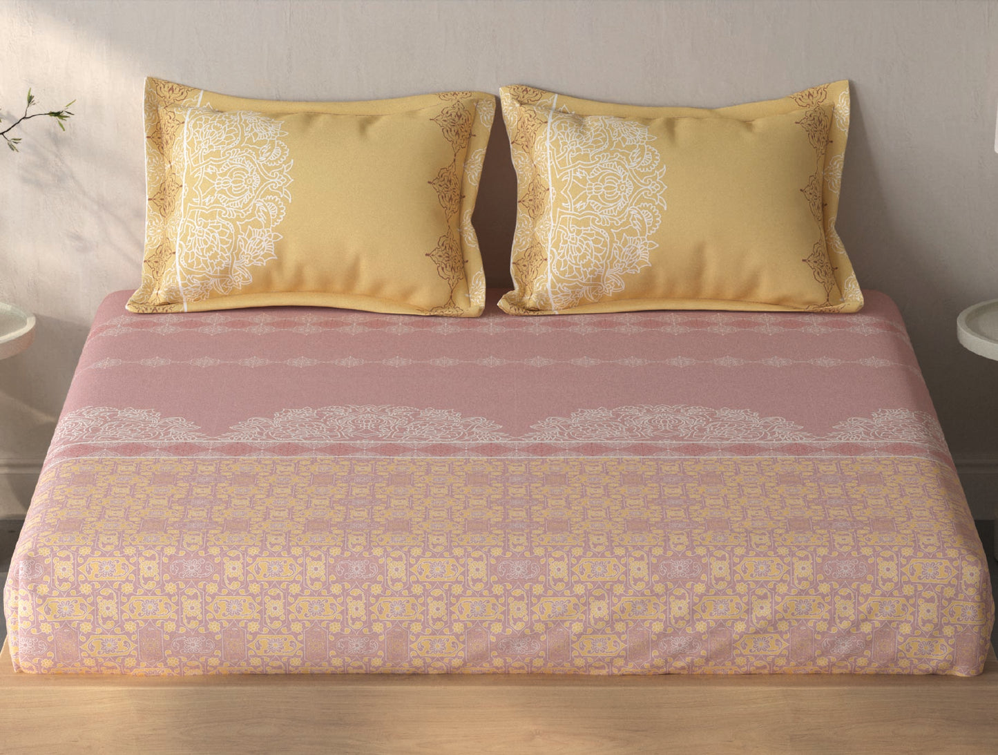 Spaces Fiora Blush Ornate 100% Cotton King Fitted Sheet with 2 Pillow Covers - 72 x 78 Inches