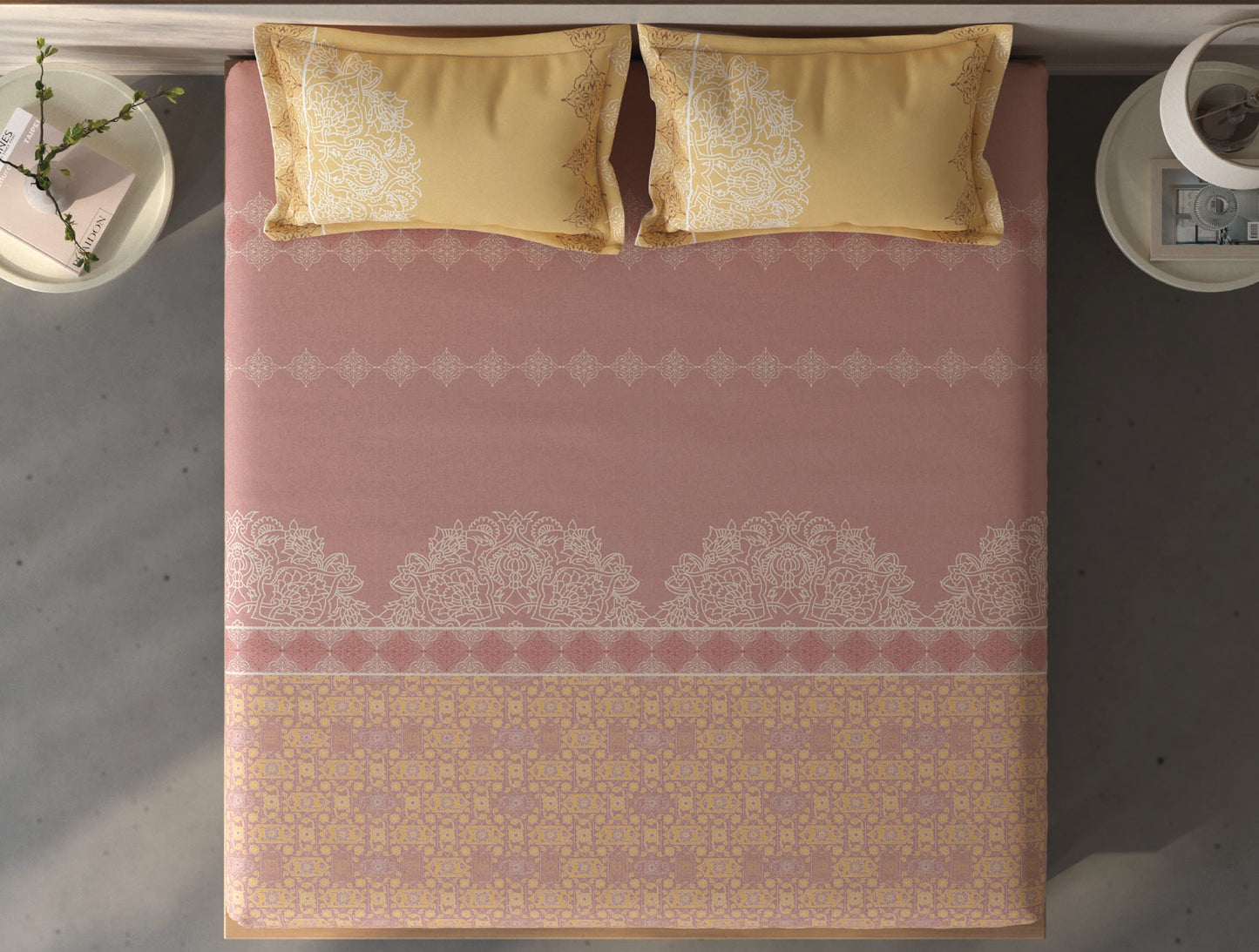 Spaces Fiora Blush Ornate 100% Cotton King Fitted Sheet with 2 Pillow Covers - 72 x 78 Inches
