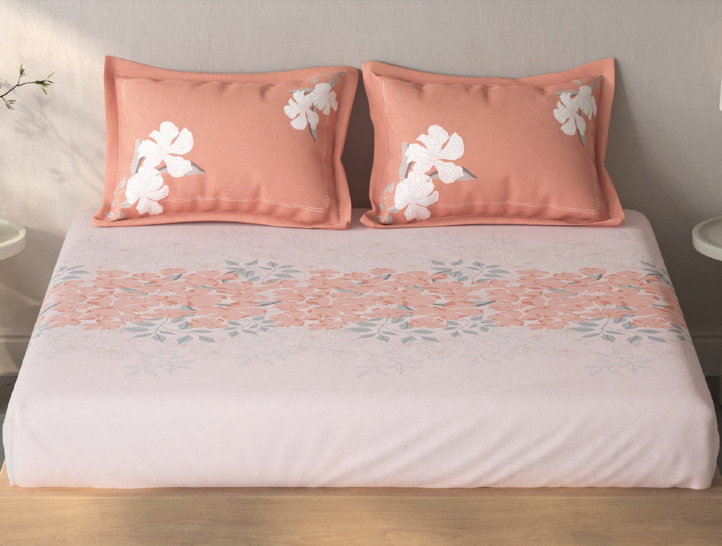 Spaces Fiora Light Pink Floral 100% Cotton King Fitted Sheet with 2 Pillow Covers - 72 x 78 Inches