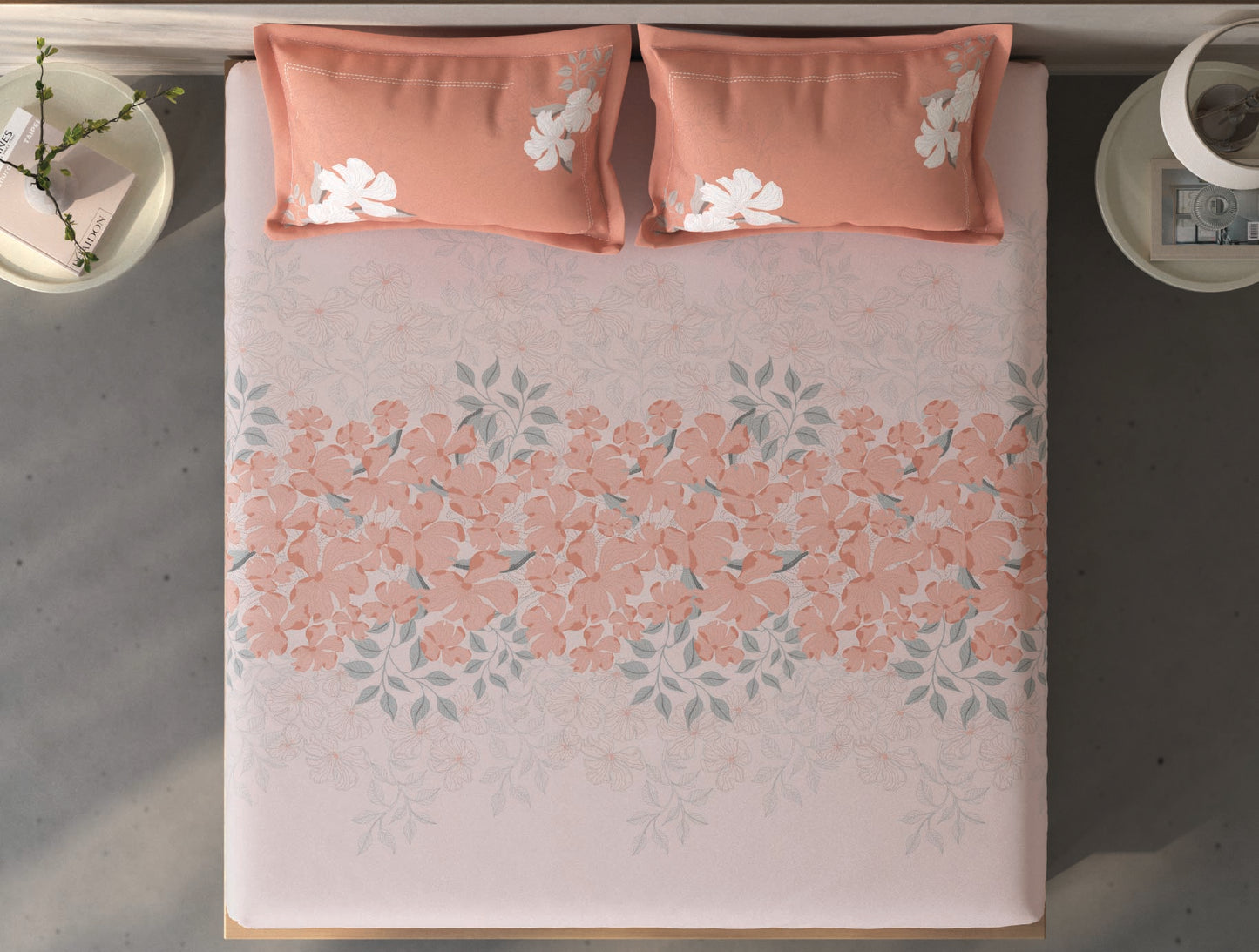 Spaces Fiora Light Pink Floral 100% Cotton King Fitted Sheet with 2 Pillow Covers - 72 x 78 Inches