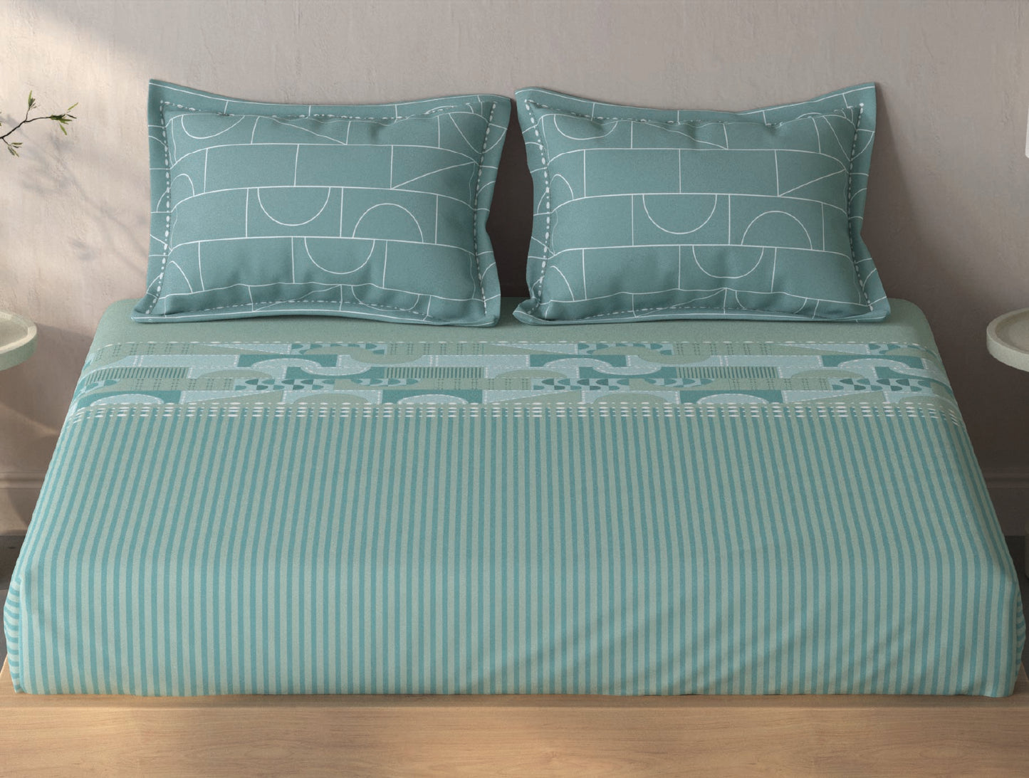 Spaces Fiora Light Green Geometric 100% Cotton King Fitted Sheet with 2 Pillow Covers - 72 x 78 Inches