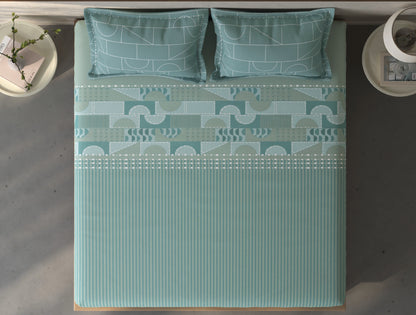 Spaces Fiora Light Green Geometric 100% Cotton King Fitted Sheet with 2 Pillow Covers - 72 x 78 Inches