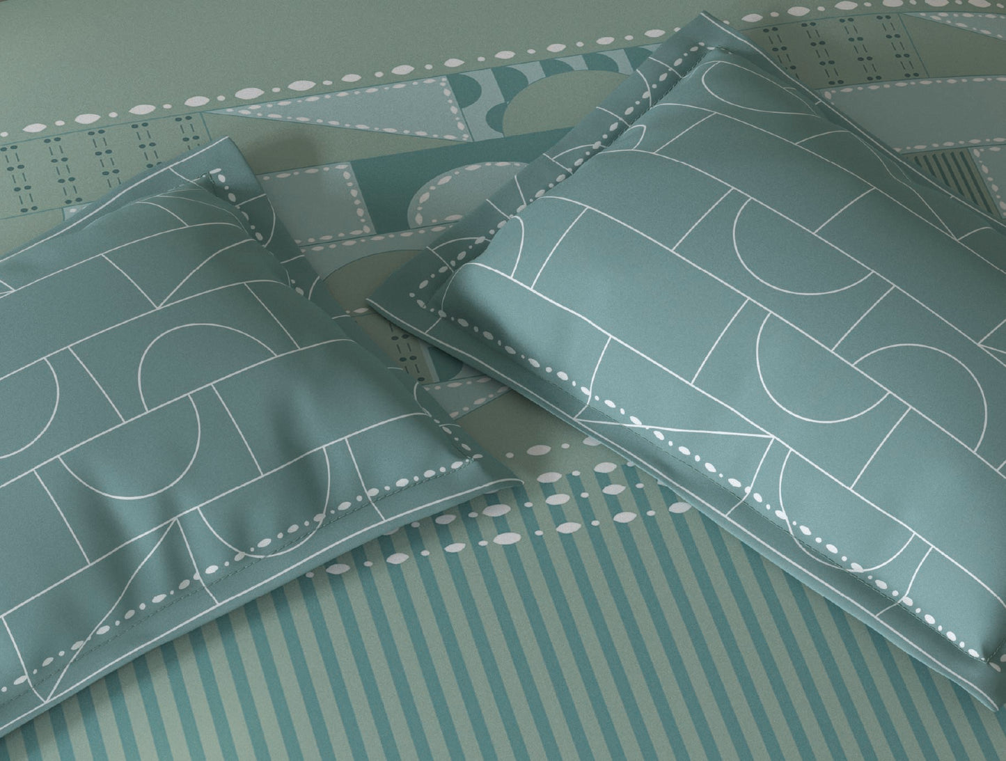 Spaces Fiora Light Green Geometric 100% Cotton King Fitted Sheet with 2 Pillow Covers - 72 x 78 Inches