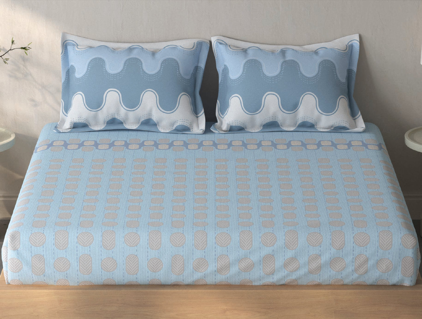 Spaces Fiora Blue Geometric 100% Cotton King Fitted Sheet with 2 Pillow Covers - 72 x 78 Inches