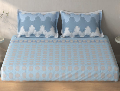 Spaces Fiora Blue Geometric 100% Cotton King Fitted Sheet with 2 Pillow Covers - 72 x 78 Inches