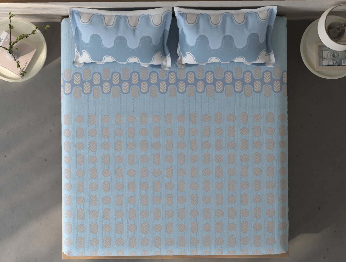 Spaces Fiora Blue Geometric 100% Cotton King Fitted Sheet with 2 Pillow Covers - 72 x 78 Inches