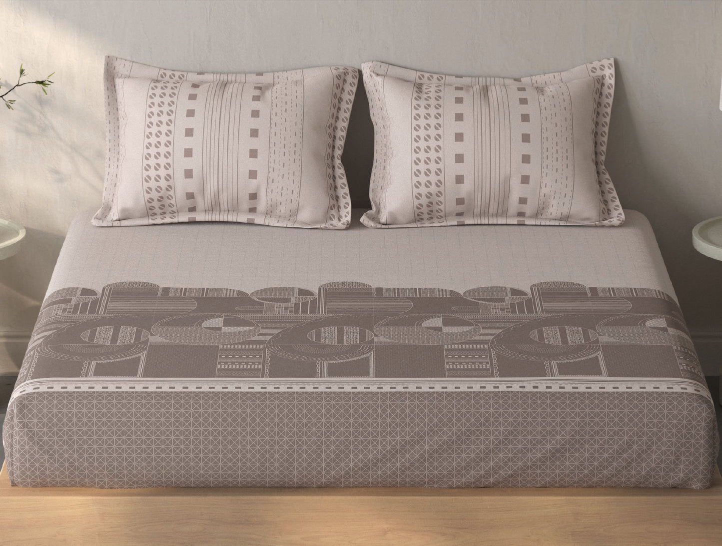 Spaces Fiora Light Taupe Geometric 100% Cotton King Fitted Sheet with 2 Pillow Covers - 72 x 78 Inches