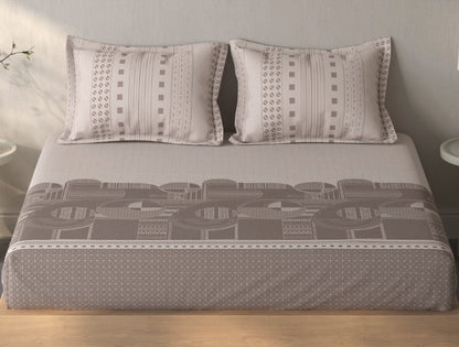 Spaces Fiora Light Taupe Geometric 100% Cotton King Fitted Sheet with 2 Pillow Covers - 72 x 78 Inches