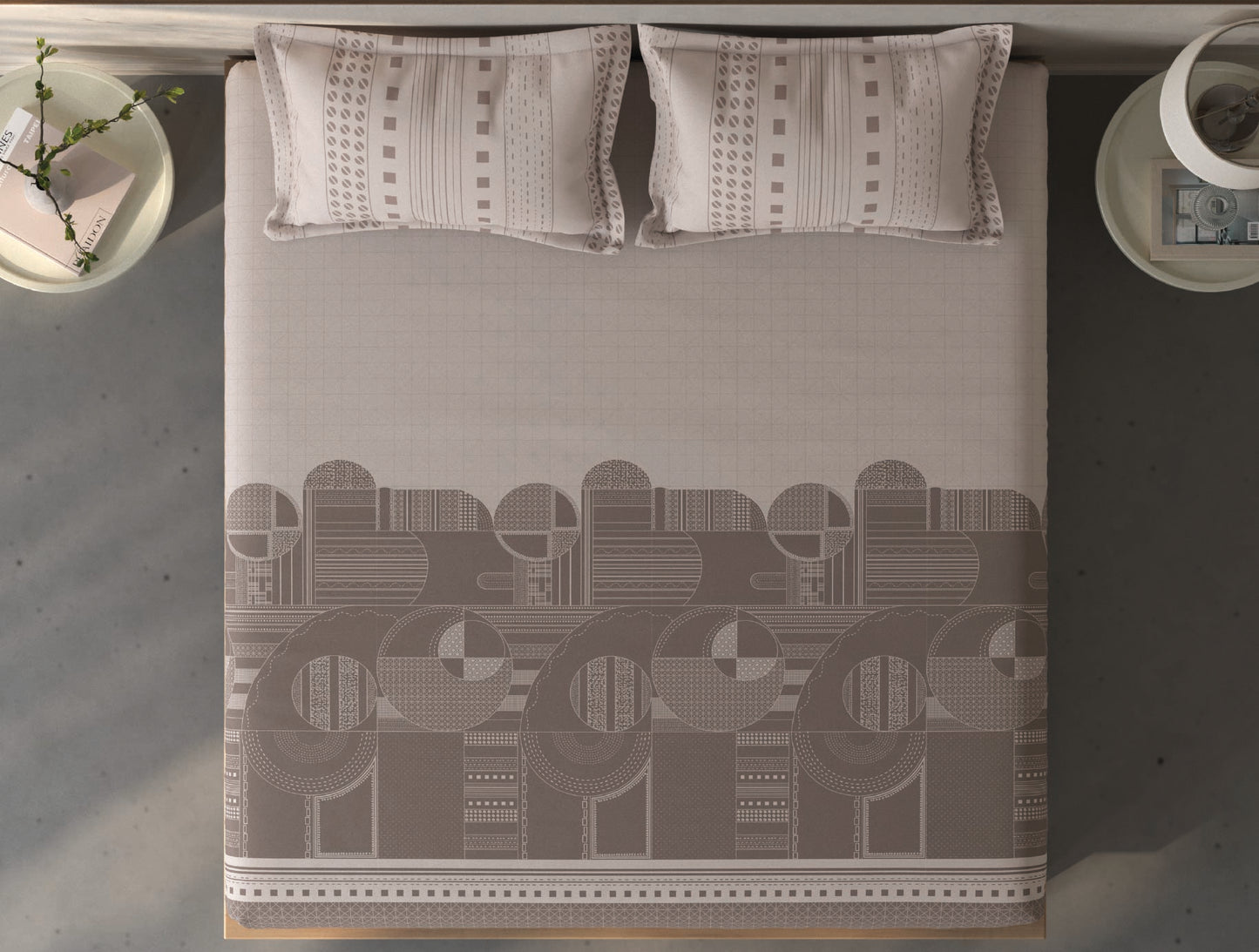 Spaces Fiora Light Taupe Geometric 100% Cotton King Fitted Sheet with 2 Pillow Covers - 72 x 78 Inches