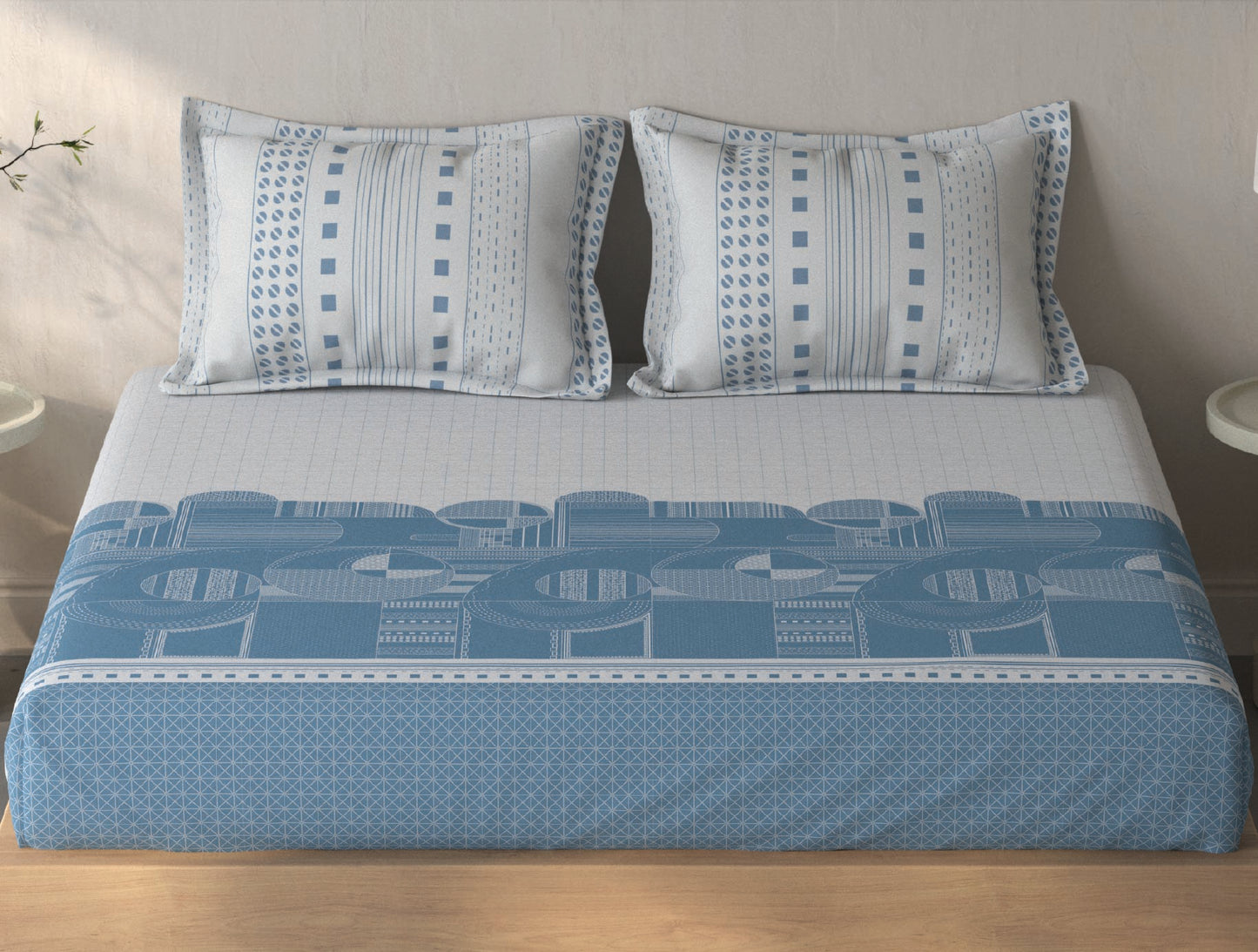 Spaces Fiora White Oynx Geometric 100% Cotton King Fitted Sheet with 2 Pillow Covers - 72 x 78 Inches