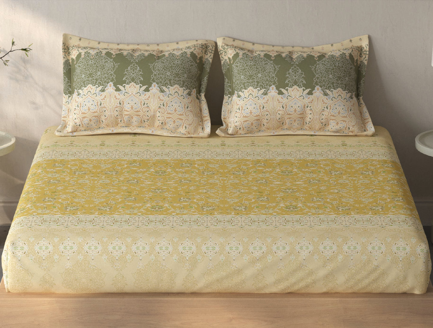 Spaces Fiora Light Yellow Ornate 100% Cotton Queen Fitted Sheet with 2 Pillow Covers - 60 x 78 Inches