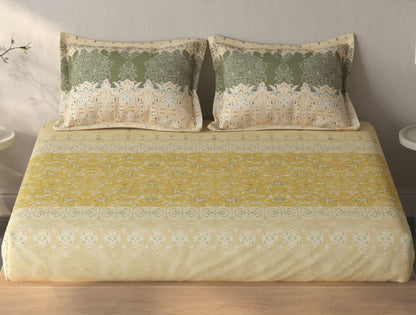 Spaces Fiora Light Yellow Ornate 100% Cotton Queen Fitted Sheet with 2 Pillow Covers - 60 x 78 Inches