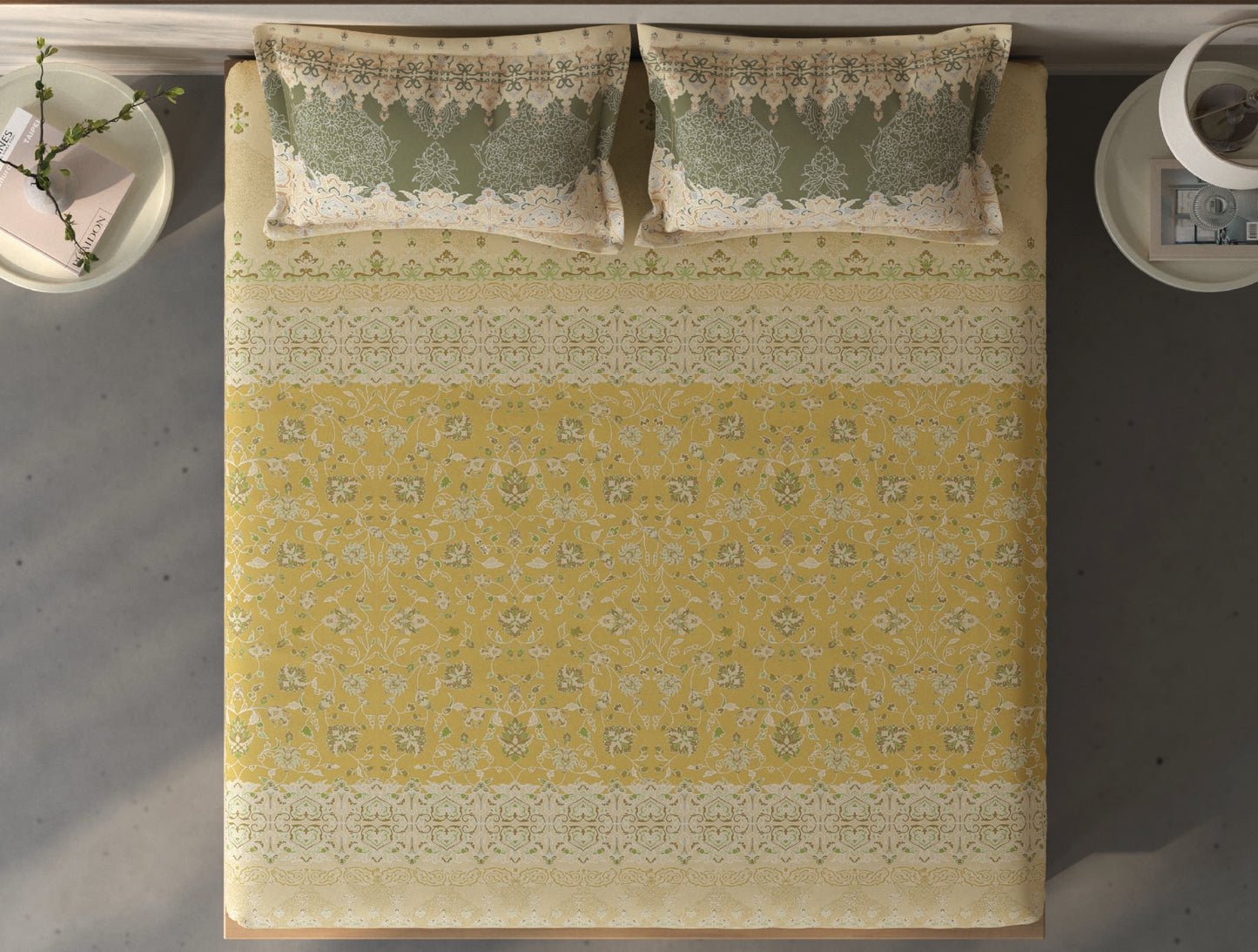 Spaces Fiora Light Yellow Ornate 100% Cotton Queen Fitted Sheet with 2 Pillow Covers - 60 x 78 Inches