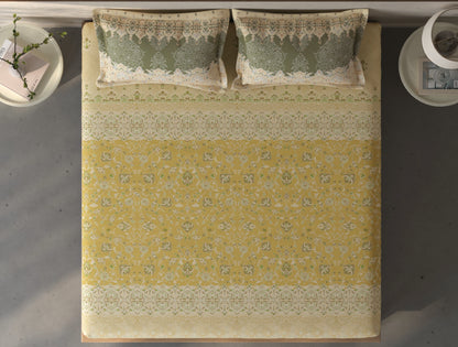 Spaces Fiora Light Yellow Ornate 100% Cotton Queen Fitted Sheet with 2 Pillow Covers - 60 x 78 Inches