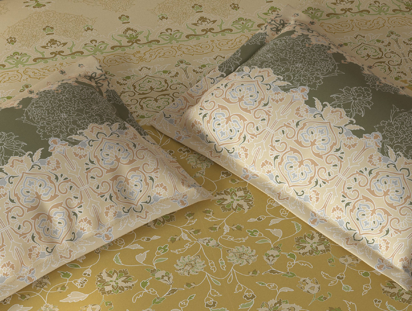 Spaces Fiora Light Yellow Ornate 100% Cotton Queen Fitted Sheet with 2 Pillow Covers - 60 x 78 Inches