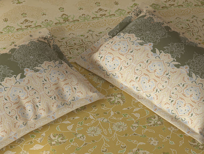 Spaces Fiora Light Yellow Ornate 100% Cotton Queen Fitted Sheet with 2 Pillow Covers - 60 x 78 Inches