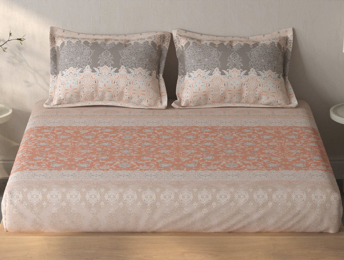 Spaces Fiora Light Blush Ornate 100% Cotton Queen Fitted Sheet with 2 Pillow Covers - 60 x 78 Inches