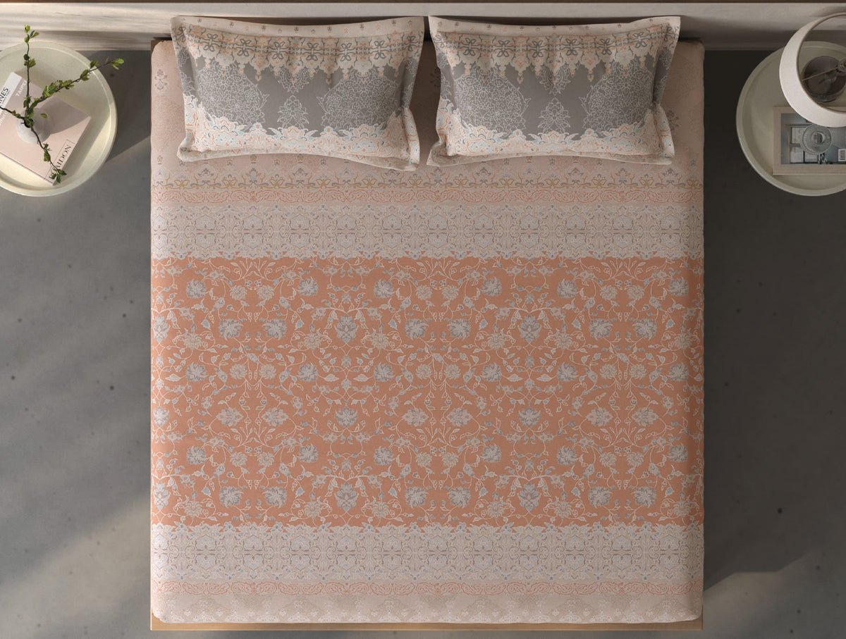 Spaces Fiora Light Blush Ornate 100% Cotton Queen Fitted Sheet with 2 Pillow Covers - 60 x 78 Inches