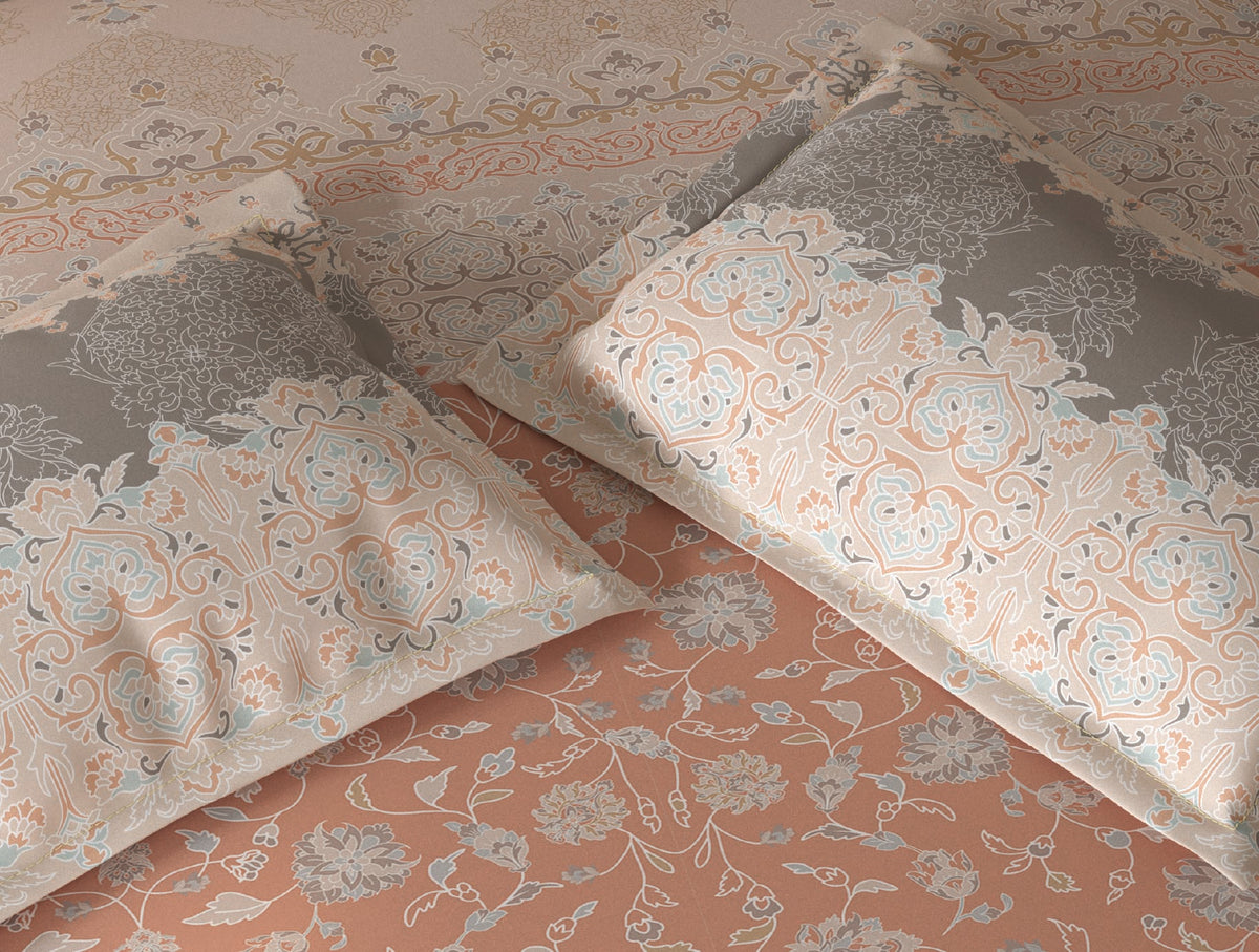 Spaces Fiora Light Blush Ornate 100% Cotton Queen Fitted Sheet with 2 Pillow Covers - 60 x 78 Inches