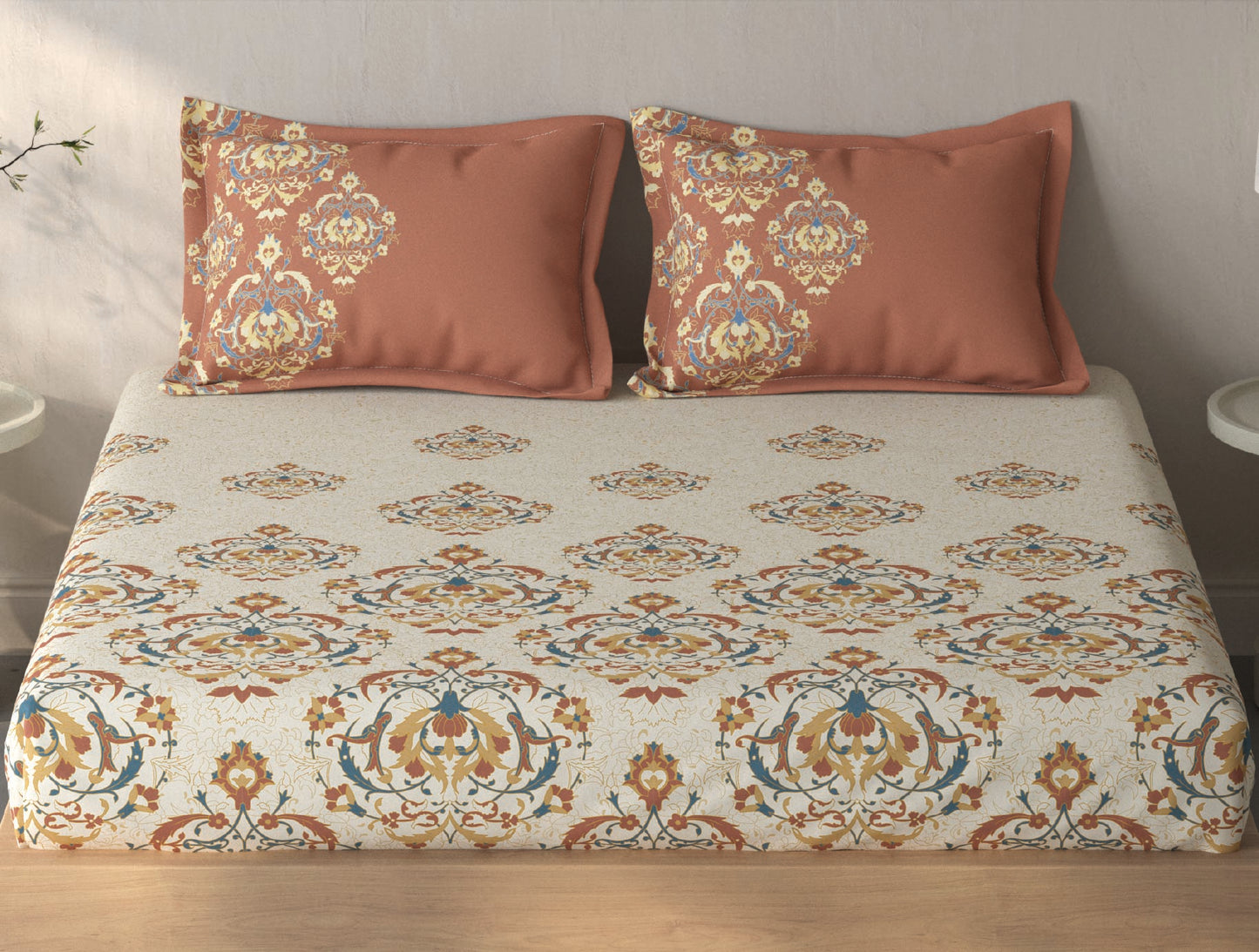 Spaces Fiora Cream Ornate 100% Cotton Queen Fitted Sheet with 2 Pillow Covers - 60 x 78 Inches