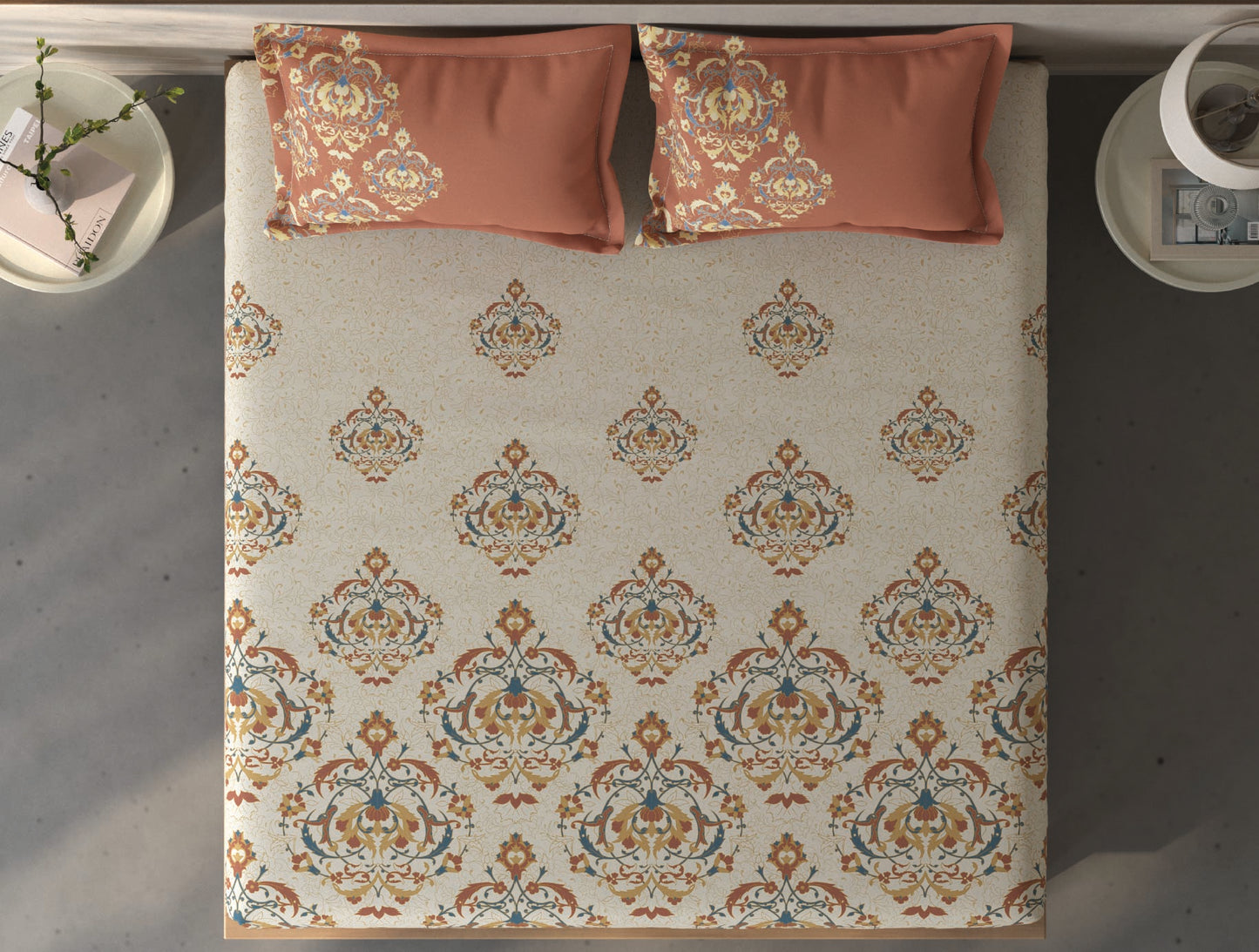 Spaces Fiora Cream Ornate 100% Cotton Queen Fitted Sheet with 2 Pillow Covers - 60 x 78 Inches