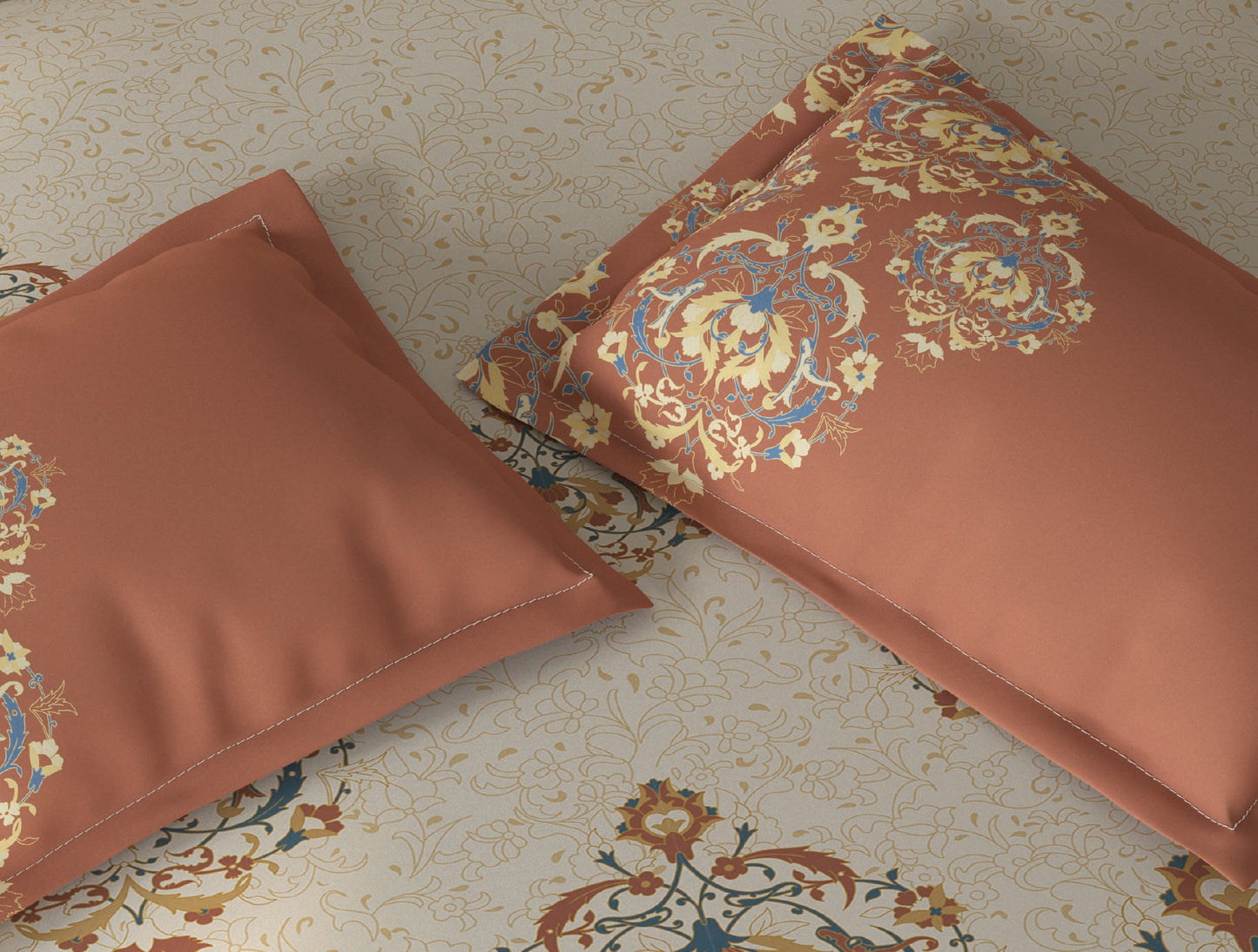 Spaces Fiora Cream Ornate 100% Cotton Queen Fitted Sheet with 2 Pillow Covers - 60 x 78 Inches