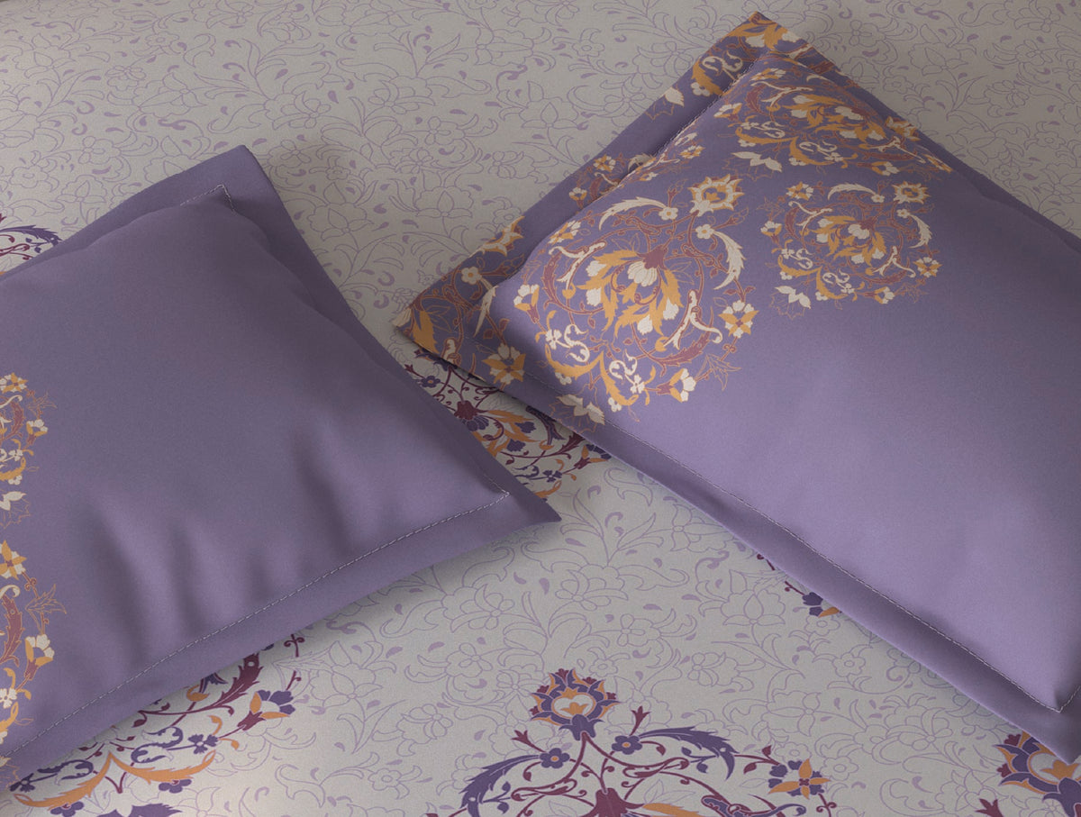 Spaces Fiora Light Violet Ornate 100% Cotton Queen Fitted Sheet with 2 Pillow Covers - 60 x 78 Inches