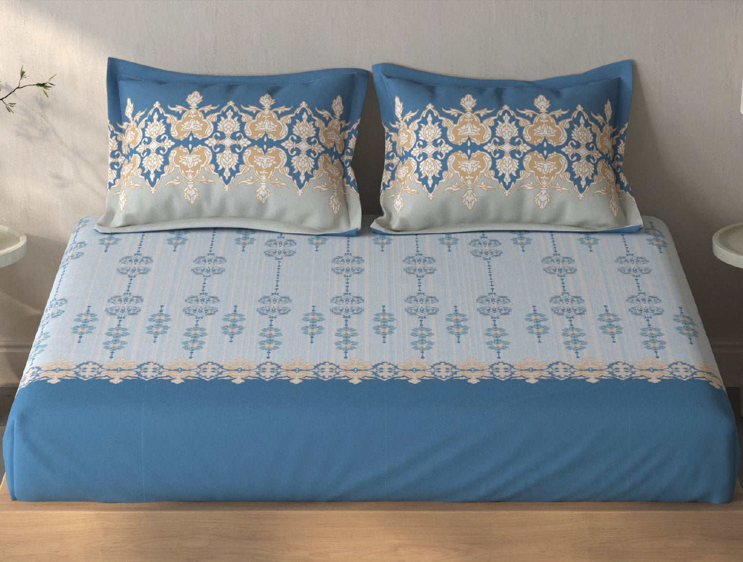 Spaces Fiora Light Blue Ornate 100% Cotton Queen Fitted Sheet with 2 Pillow Covers - 60 x 78 Inches