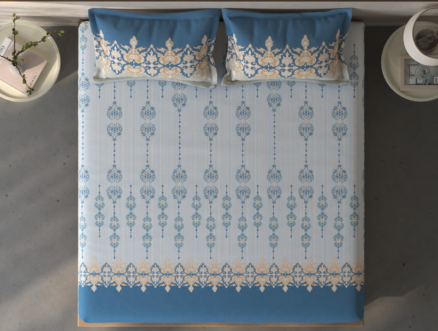 Spaces Fiora Light Blue Ornate 100% Cotton Queen Fitted Sheet with 2 Pillow Covers - 60 x 78 Inches