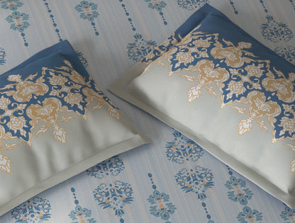 Spaces Fiora Light Blue Ornate 100% Cotton Queen Fitted Sheet with 2 Pillow Covers - 60 x 78 Inches