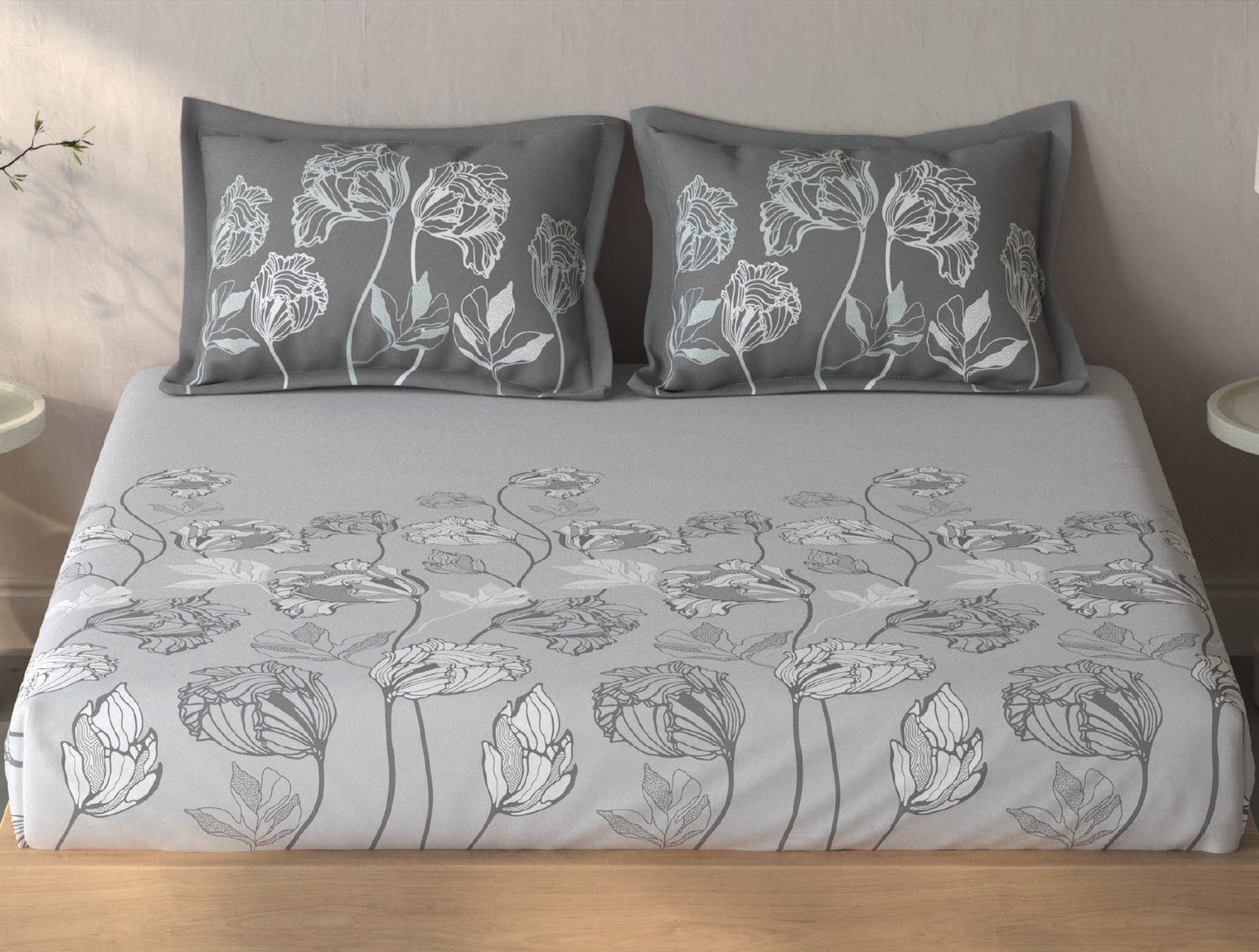 Spaces Fiora Light Grey Floral 100% Cotton Queen Fitted Sheet with 2 Pillow Covers - 60 x 78 Inches