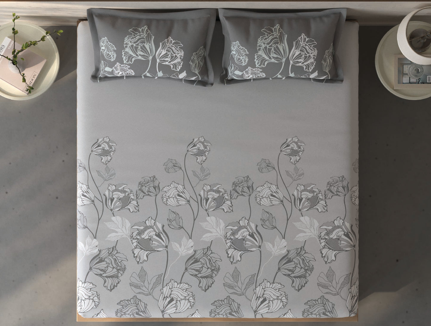 Spaces Fiora Light Grey Floral 100% Cotton Queen Fitted Sheet with 2 Pillow Covers - 60 x 78 Inches