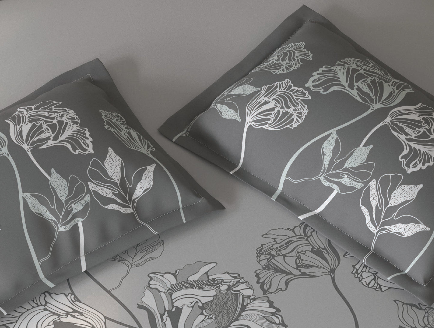 Spaces Fiora Light Grey Floral 100% Cotton Queen Fitted Sheet with 2 Pillow Covers - 60 x 78 Inches